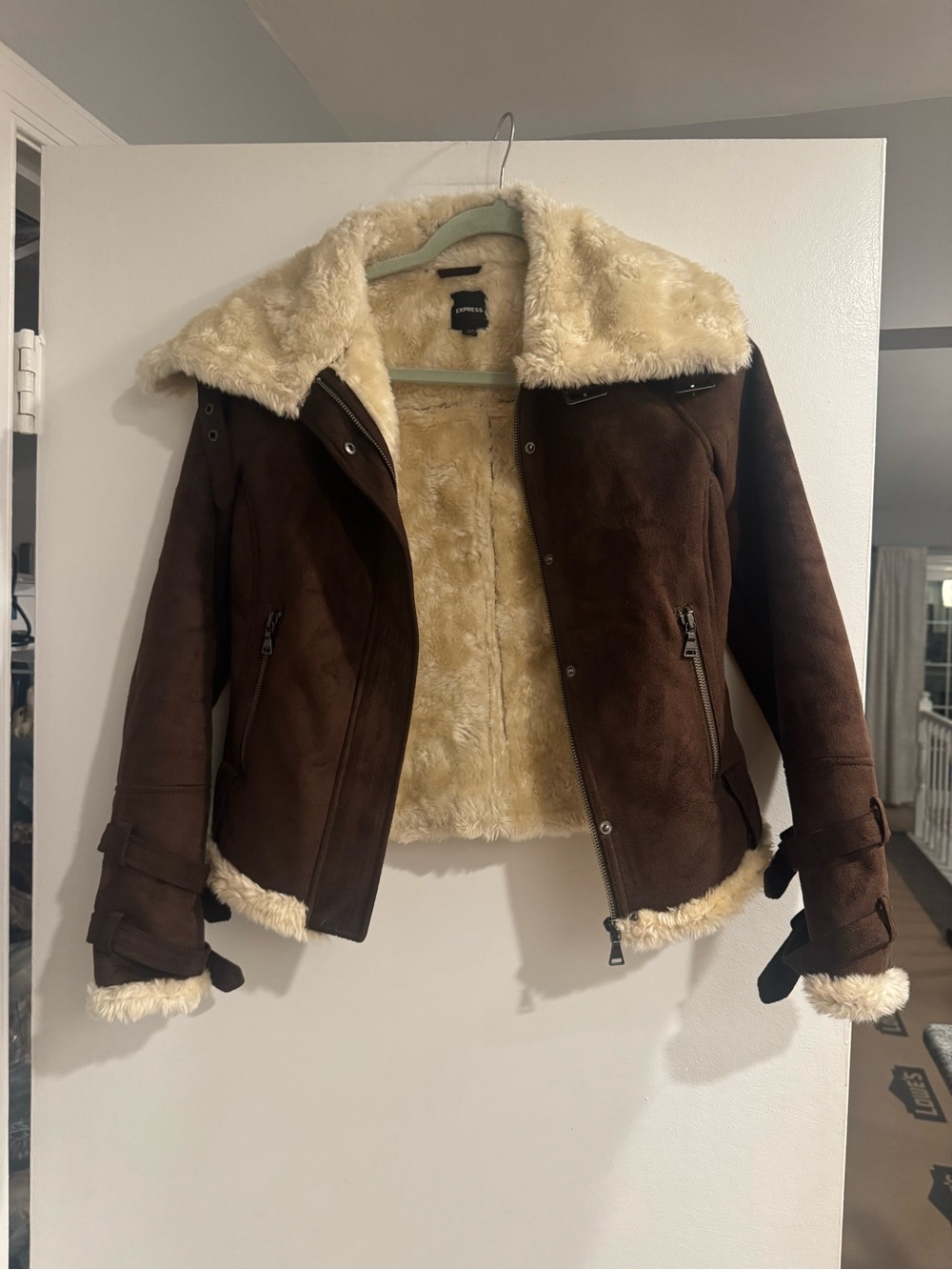Y2K Express Brown Faux-Suede Shearling Jacket Cream Lining XS | aviator moto